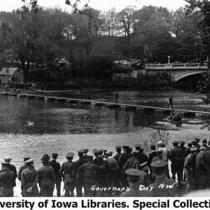 Cadets building bridge over Iowa River, The University of Iowa, 1924