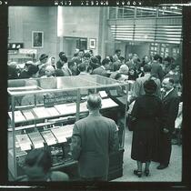 Reception in north lobby for newly built Main Library, The University of Iowa, 1951
