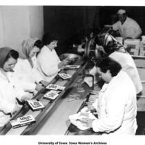 Assembly line at Hormel meatpacking plant, Fort Dodge, Iowa, 1970s?
