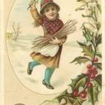 Clark's Cotton: Girl in winter scene holding bundle of branches