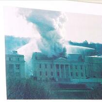 Photograph of November 2001 Old Capitol fire on display at Macbride Hall, The Universty of Iowa, June 2002