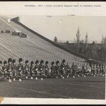 First all-male bagpipe band at Iowa Stadium, The University of Iowa, September 1937