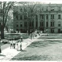 Aerial view of students on the Pentacrest near Schaeffer Hall, The University of Iowa, 1950