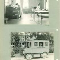 University Hospital hydrotherapy room and battery-operated gray bus, The University of Iowa, 1910s