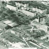 Aerial perspective of proposed Main Library additions, The University of Iowa, circa 1960