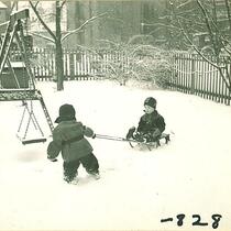 Small boys playing on a sled in the snow, The University of Iowa, January 1938