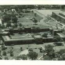 Aerial view of Quadrangle Hall and Field House, The University of Iowa, 1930