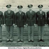 Cadets and officers of the 1st Battalion in front of steps of the Old Capitol, The University of Iowa, circa 1943