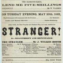 Playbill for The stranger and Lend me five shillings at the Boston Museum, May 20, 1862
