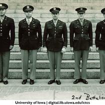 Cadets and officer of the 2nd Battalion in front of steps of the Old Capitol, The University of Iowa, circa 1943